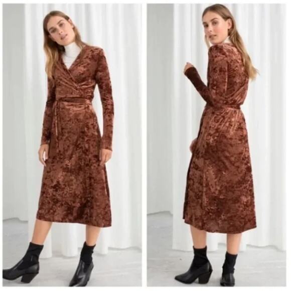 & OTHER STORIES Crushed Velvet Long Sleeve Wrap Midi Dress Brown Sz 0 {AA46} - Picture 1 of 6
